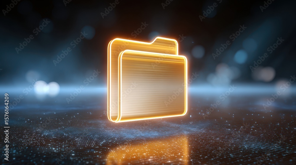 Poster glowing folder icon on a reflective surface with a blurred background, symbolizing digital organizat