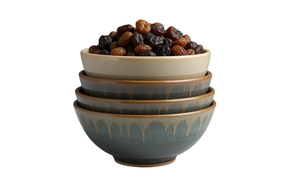  Stacked ceramic bowl set with four visible layers in gradient glazes—cream, tan, sage, and charcoal. Top bowl filled with mixed raisins for a layered visual effect.

