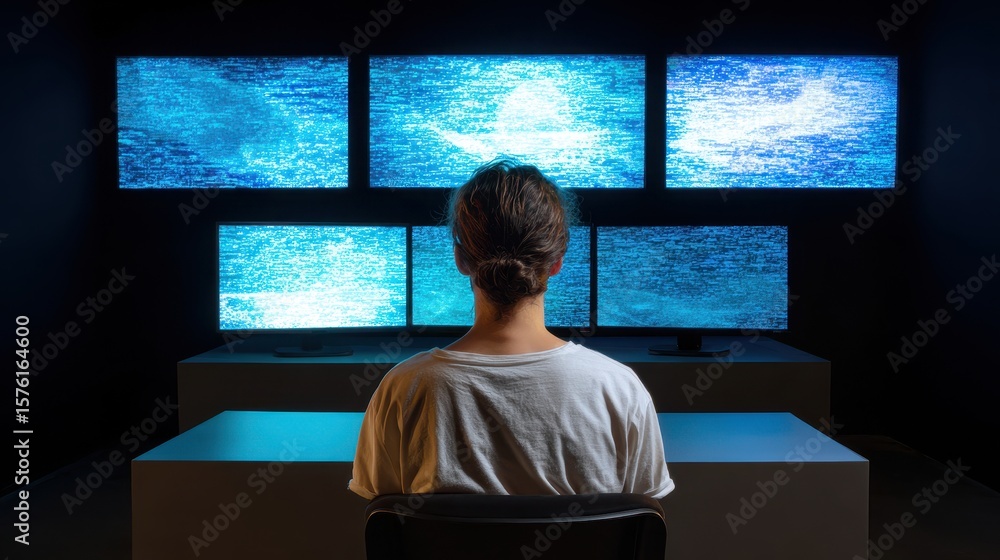Poster a person sits in front of multiple screens displaying abstract visuals, creating a modern, tech-focu