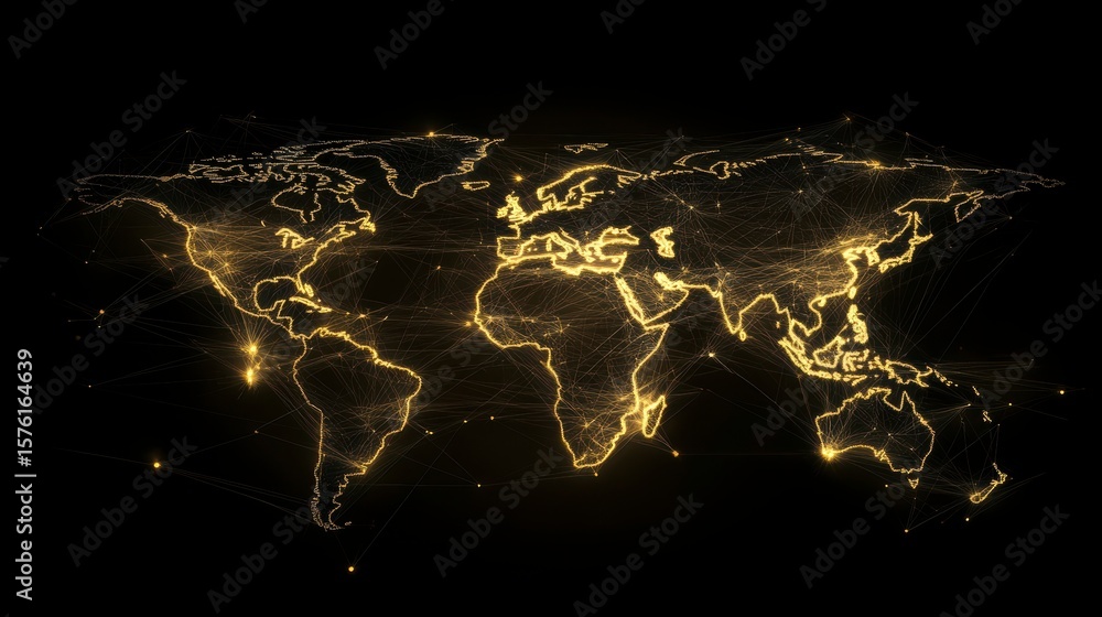 Poster golden glowing world map with interconnected lines representing global network connections.