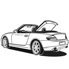 Obraz premium A sleek, black classic sports car, a luxury vintage automobile, is isolated on white, showcasing its fast design and style