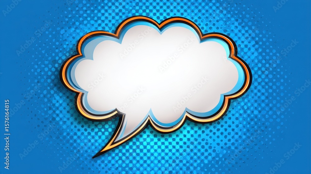 Poster blank speech bubble on a bright blue comic-style background with dotted patterns, ideal for adding t