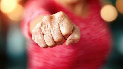 A close-up of an elderly person's fist extended forward, highlighting wrinkles and skin texture, with a blurred background.