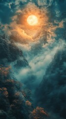 Fototapeta premium Glowing Moon Over Misty Mountain Valley Landscape