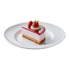 Raspberry mousse cake slice on white plate garnished with fresh raspberries and mint