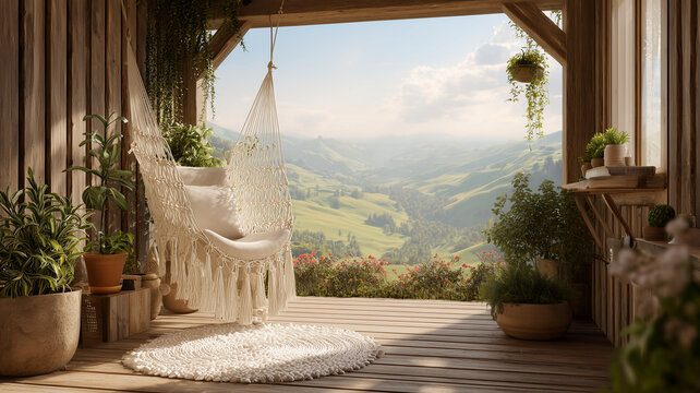Charming cabin terrace with macramé swing seat, potted plants and distant green hills, calm rural vibe, 3D render, no blur, real photo, stock photography