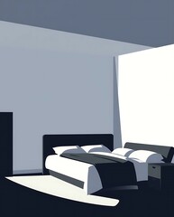Serene bedroom interior art, minimalist depiction of comfort and solitude