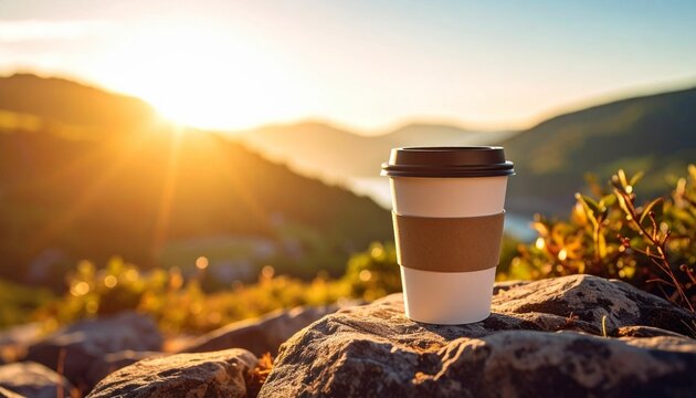 cup of coffee to go staning on stone in sunshine