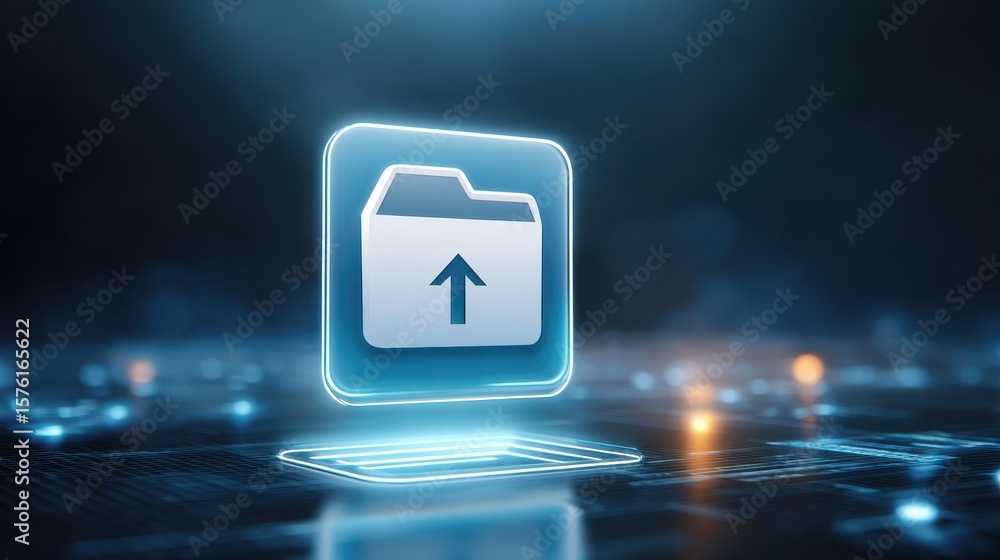 Poster digital icon representing file upload in a futuristic setting with glowing elements and a dark backg