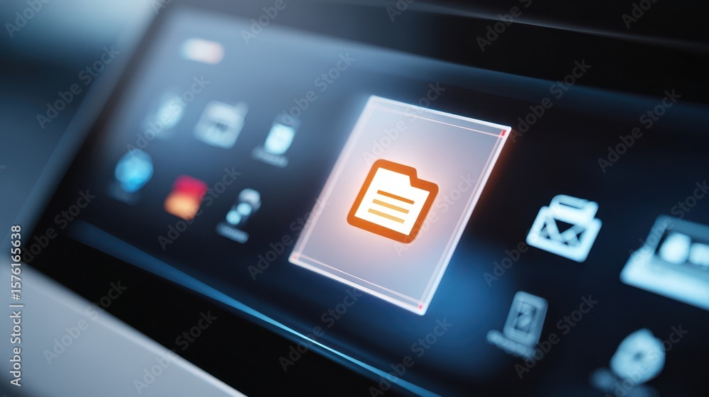 Poster close-up of a digital interface featuring various icons, including a highlighted folder symbol, indi