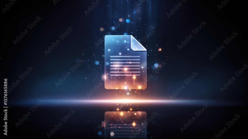 Poster a glowing document surrounded by floating particles, set against a dark background, suggesting creat