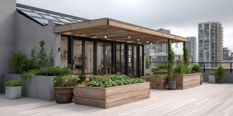 Fototapeta premium Rooftop garden showcasing urban farming with wooden planters in a modern city environment