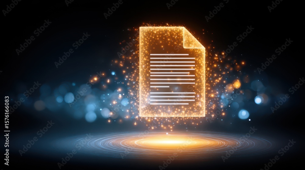 Poster a glowing document surrounded by sparkling lights, symbolizing digital data and innovation.