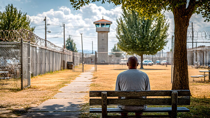 Prisoner sitting on bench contemplating during recreation time in prison yard