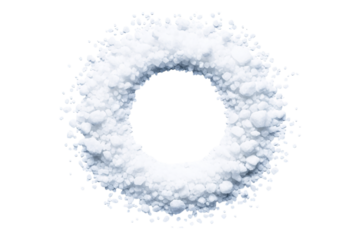 Heap of white crystals in a circular pattern on white background, copy space.