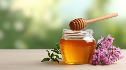 A jar of honey with a wooden dipper, surrounded by fresh herbs and flowers, set against a soft, blurred green background.