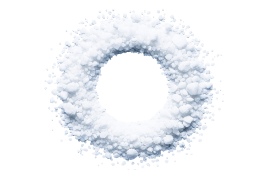 Heap of white crystals in a circular pattern on white background, copy space.
