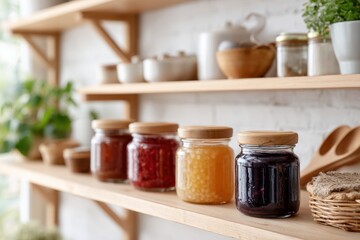 Preserved fruits and jams neatly arranged on wooden shelves in a bright kitchen setting