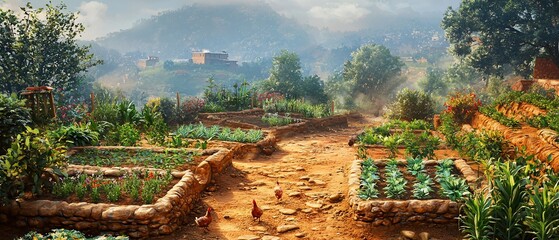Lush Garden Landscape with Chickens, Stone Walls, and Mountain Backdrop