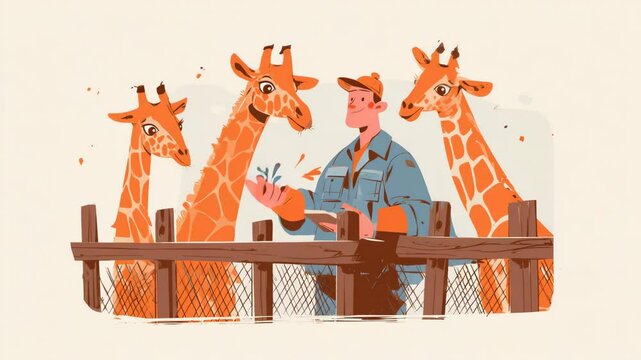 A cheerful zookeeper feeding giraffes behind a wooden fence