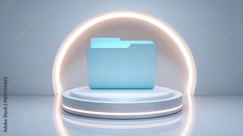 Aufkleber a glowing blue folder on a circular platform against a softly lit background, emphasizing organizati