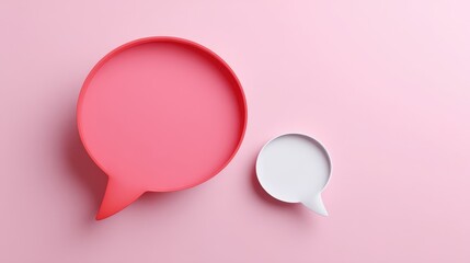 Two speech bubbles in pink and white colors on a soft pink background, symbolizing communication and conversation.