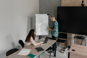 Two professionals discuss data analysis during a business meeting with a flipchart.