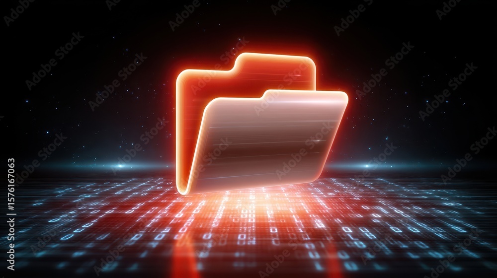 Poster a glowing digital folder amidst a matrix of binary code, symbolizing data storage and technology.
