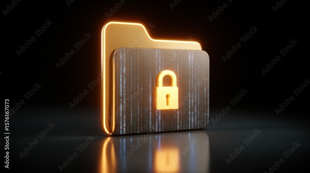 Poster a glowing locked folder symbolizing data security and privacy in a digital environment.