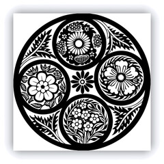 Elegant Black and White Mandala Patterns Illustration, A set of beautifully intricate black and white mandala patterns featuring symmetrical floral and geometric designs. Ideal for coloring pages, med