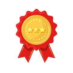 Gold award badge with stars and red ribbon for best quality product or service