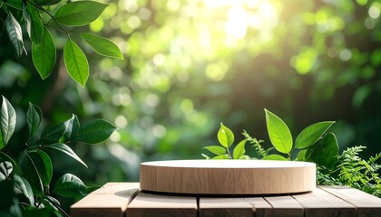 Wooden podium in a lush green garden setting