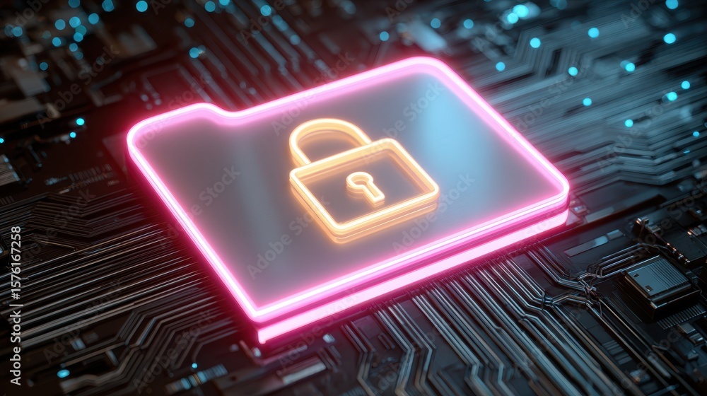 Poster a glowing folder icon with a lock symbol, set against a digital circuit background, representing dat