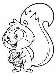 Obraz premium A cheerful cartoon squirrel holding a big acorn and wagging its fluffy tail. Very simple and cute black-and-white line drawing for children
