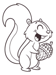 A cheerful cartoon squirrel holding a big acorn and wagging its fluffy tail. Very simple and cute black-and-white line drawing for children