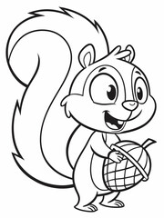 Fototapeta premium A cheerful cartoon squirrel holding a big acorn and wagging its fluffy tail. Very simple and cute black-and-white line drawing for children