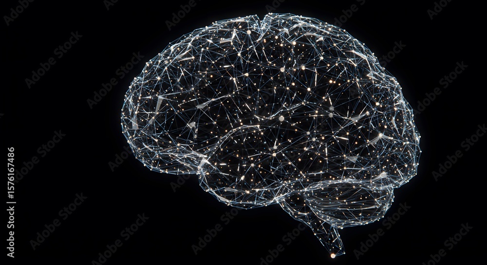 Poster abstract digital rendering of a human brain, showcasing intricate neural connections and network str
