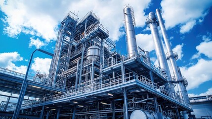 A large, industrial chemical plant with multiple towers, tanks, and pipelines against a blue sky with white clouds.