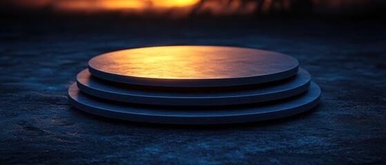 Obraz premium Dark layered platform at sunset under glowing light.