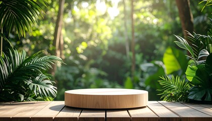 Wooden podium in lush jungle setting