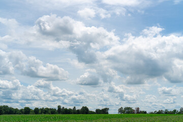 A large number of large white clouds on a clear day.