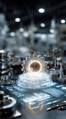 Futuristic Industrial Innovation: Glowing Gear in High-Tech Laboratory with Holographic Data Display. AI-Generated Concept for Industry 4.0, Smart Manufacturing, and Digital Transformation. Ideal for 