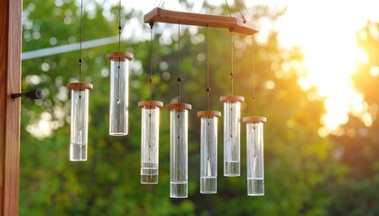 Wooden wind chime with clear glass tubes