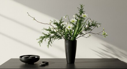 An elegant floral arrangement in a black vase sits on a dark table. Light filters creating shadows on the wall. Smooth stones are in a bowl