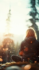 Fototapeta premium A person sits cross-legged outdoors, back facing the camera, surrounded by soft sunlight and floating particles in a serene forest setting.