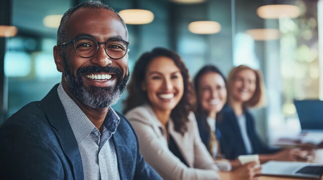 A diverse group of business professionals sitting in a conference room, engaged in a meeting.