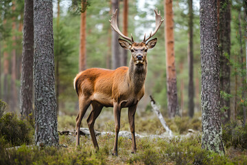 a deer standing in a forest with trees