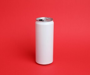 One white tin can on red background
