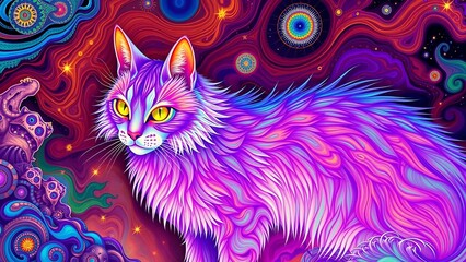 Psychedelic painting of a cat with yellow eyes in a colorful cosmic fantasy background artwork style