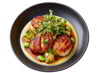 Seared Black Cod with Crispy Skin and Miso Glaze on a Plate with Edamame and Daikon Garnish